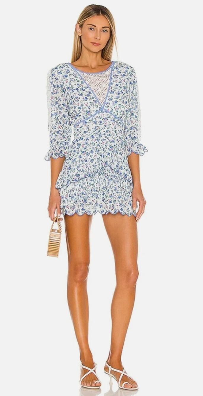 LoveShackFancy Marquise Floral Cotton Mini Dress Blue Jay Song White Size 8